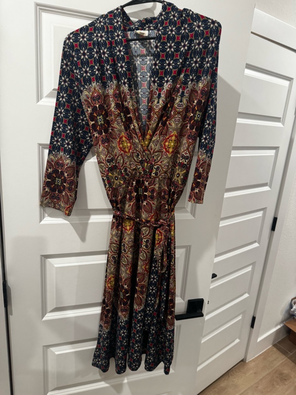 fig and flower Black Paisley Midi Wrap Dress with Red & Gold Accents